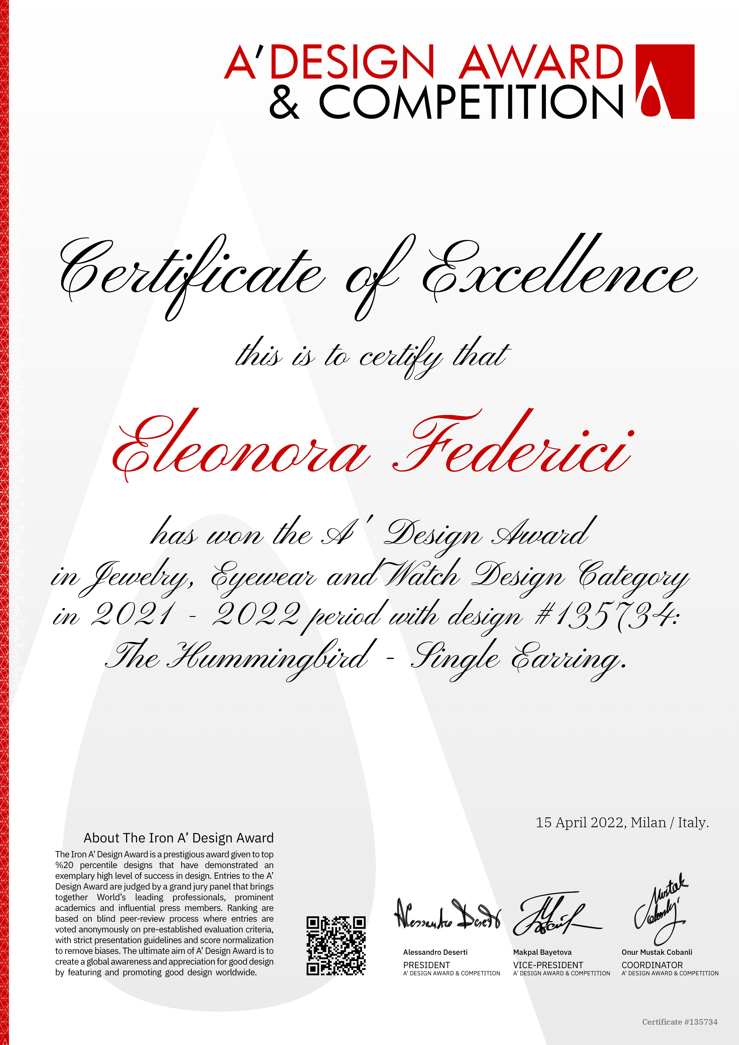 A Design Award & Competition Certificate of Excellence