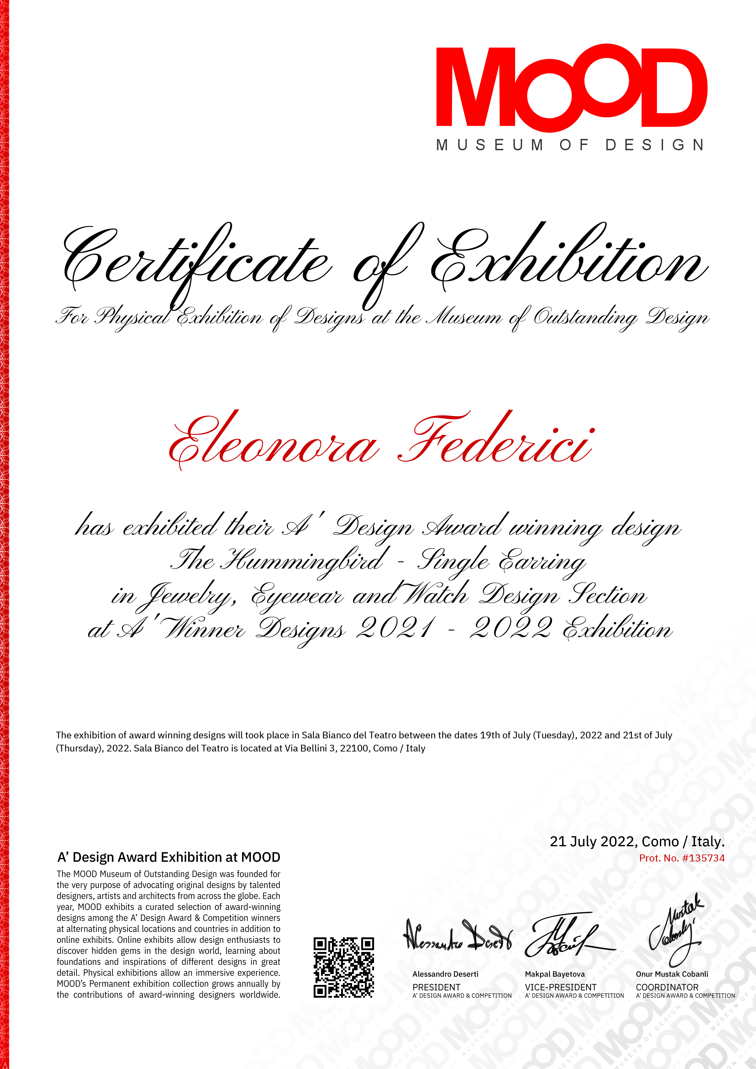 Museum of Design - Certificate of Exhibition