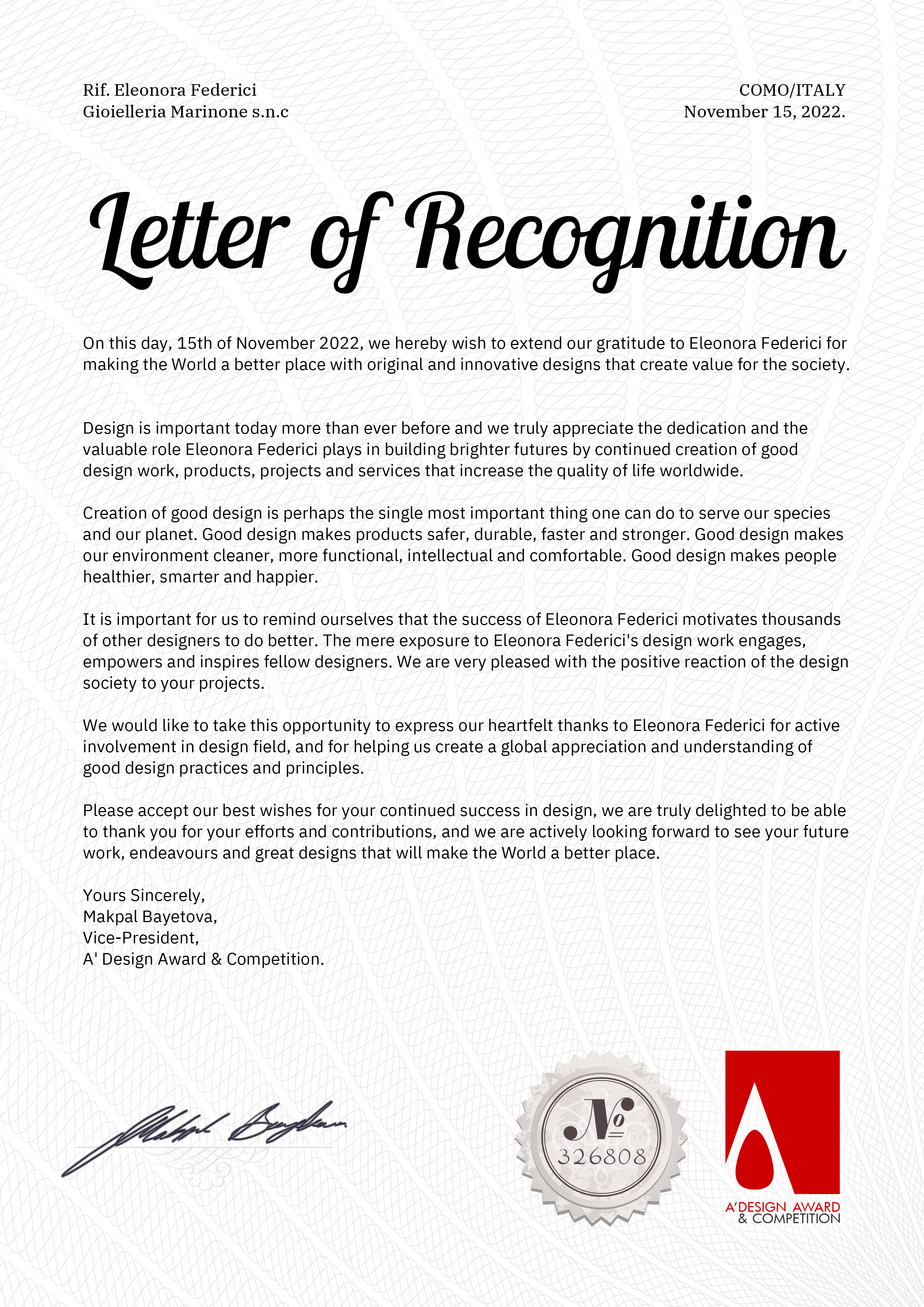 A' Design Award letter of recognition