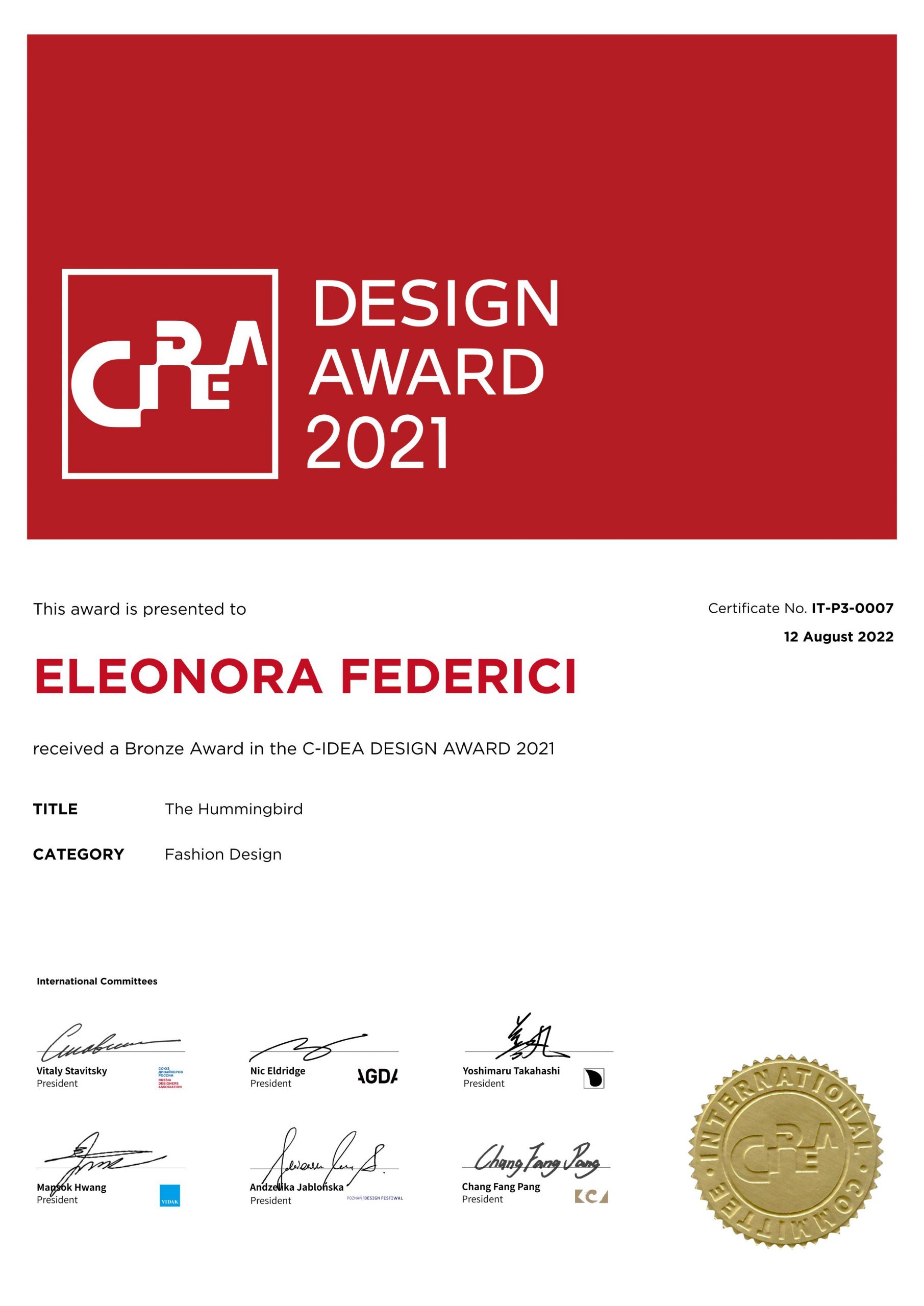 C-IDEA Design Award 2021 Certificate