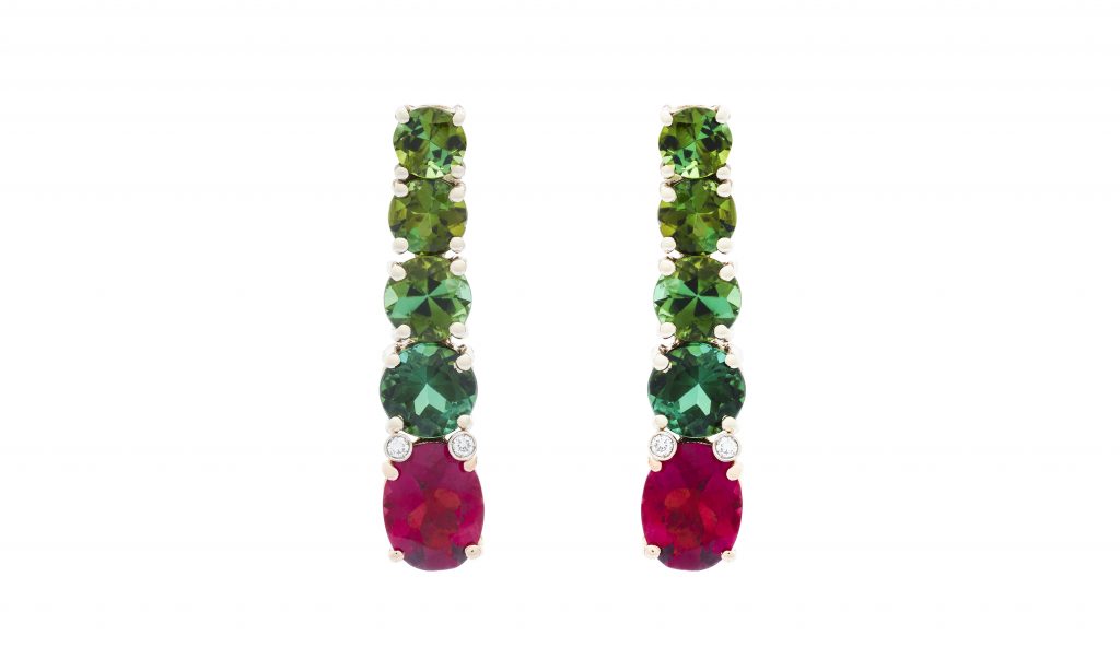 Pendant Earrings GREEN RAINBOW. White Gold and Pink Gold with Green and Pink Tourmalines (Rubellite and Verdite).