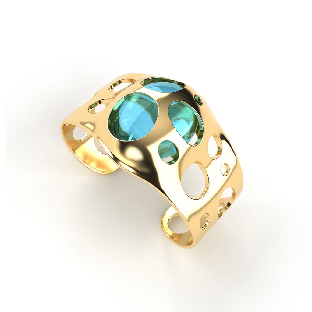 Bangle MODEL IV: DISRUPTION. Yellow Gold and blue topaz