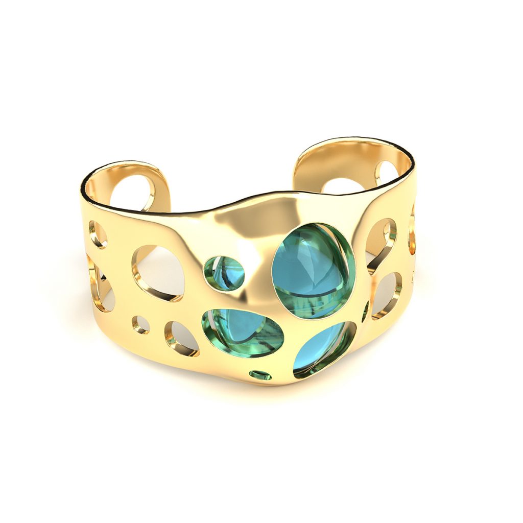 Bangle MODEL IV: DISRUPTION. Yellow Gold and blue topaz