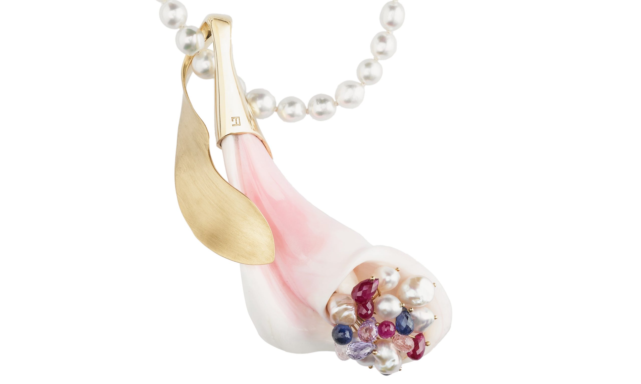 Pendant Calla with Rubies and Sapphires, Keshi Australian Pearls and fresh water pearls, "Strombus Gigas" mother of pearl.